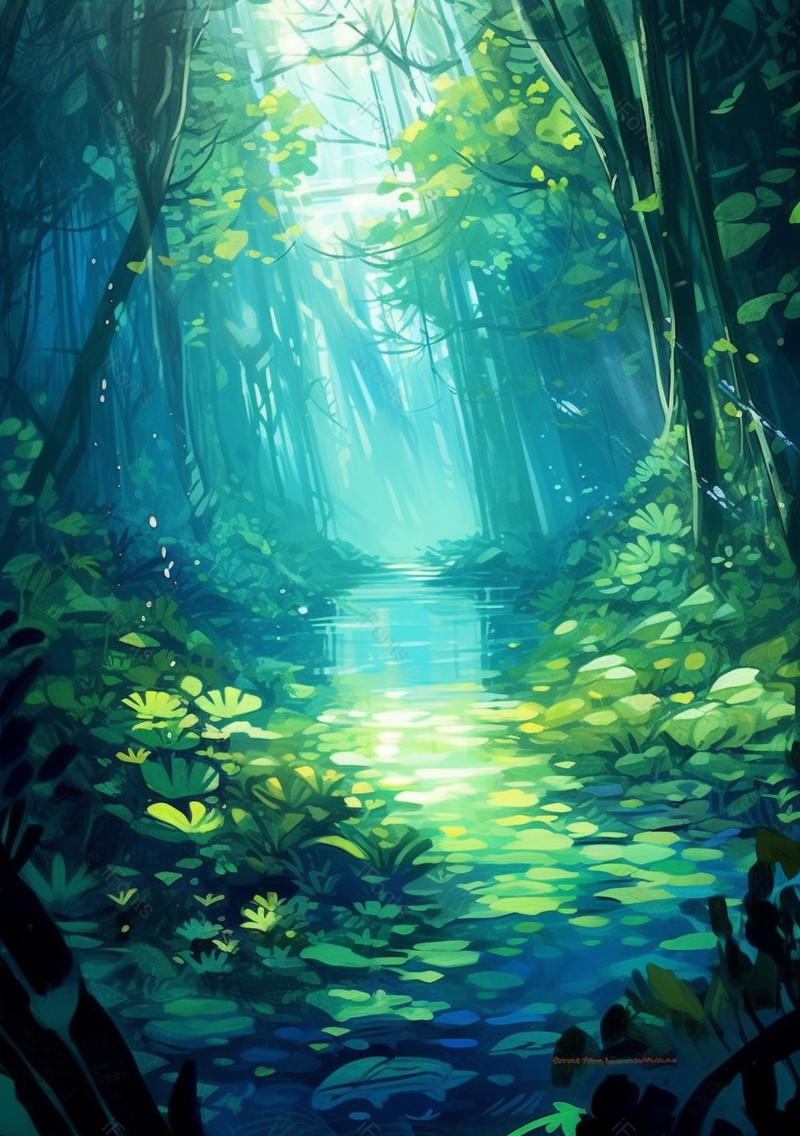 深林湖边荷叶连连绿色唯美插画背景,插画/手绘图,插画/手绘图库,插画/手绘图下载,插画/手绘